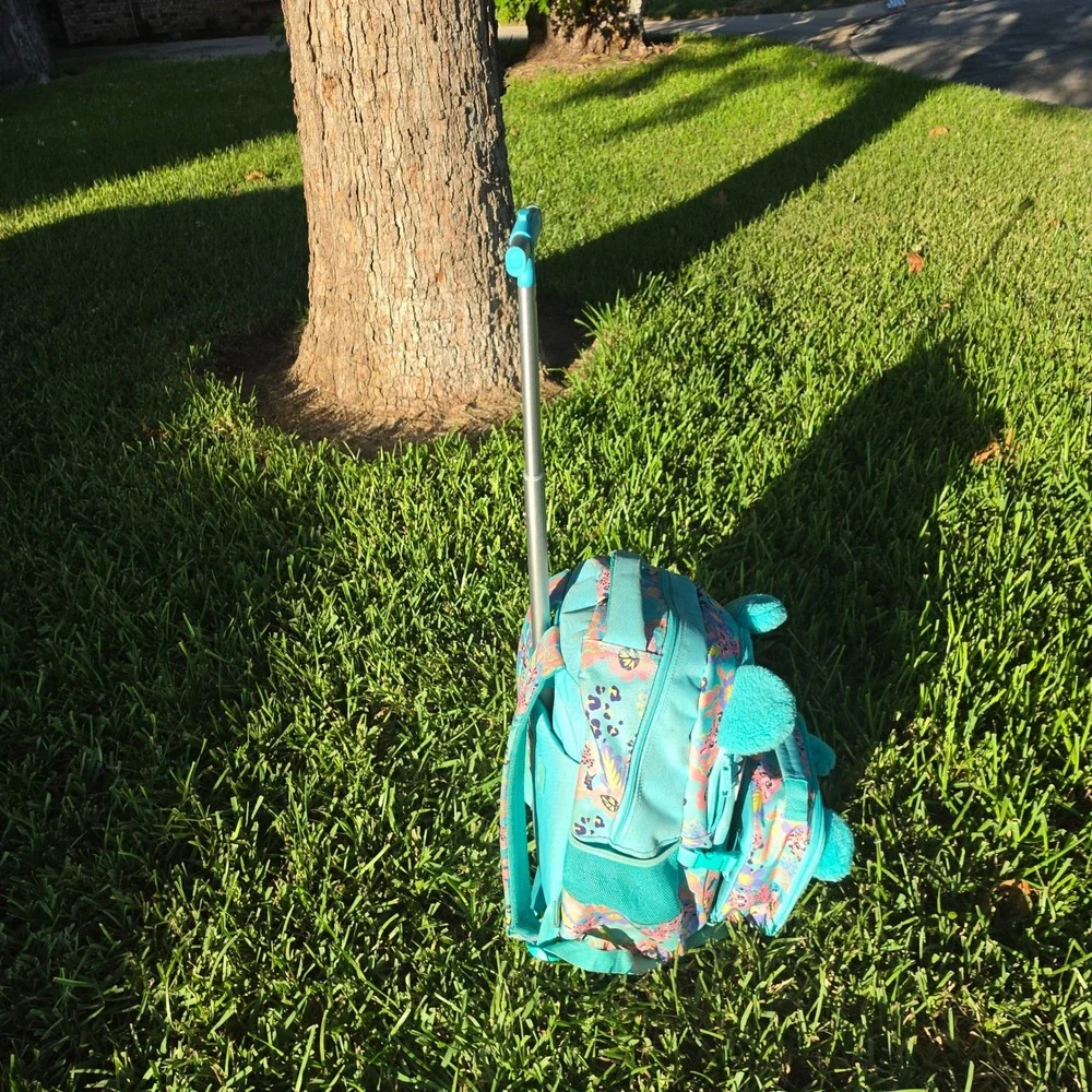 Kids Rolling Backpack and Lunch Box Set Turquoise Leopard Floral 3D Ears